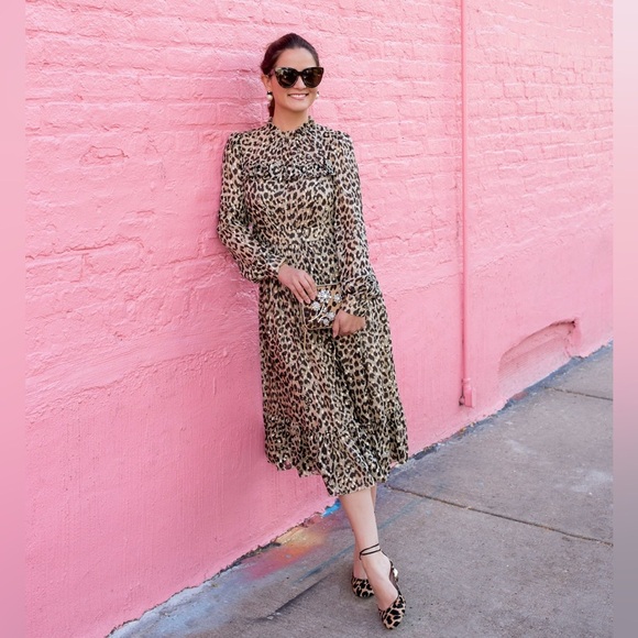 Kate Spade Leopard Print Clipped Dot Midi Dress Silk Belted Sz 14 - Picture 1 of 7